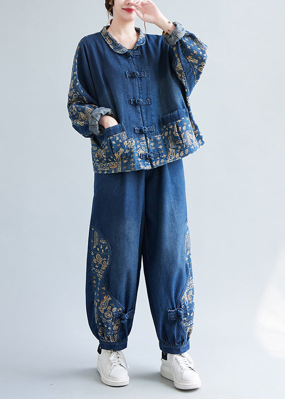 Loose Denim Blue Peter Pan Collar Print Coats And Lantern Pants Two Pieces Set Spring LY0659 - fabuloryshop