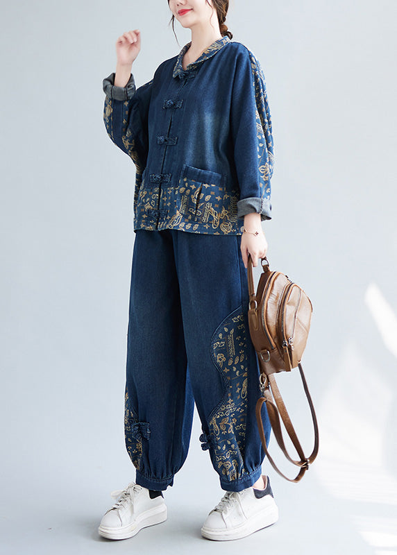 Loose Denim Blue Peter Pan Collar Print Coats And Lantern Pants Two Pieces Set Spring LY0659 - fabuloryshop