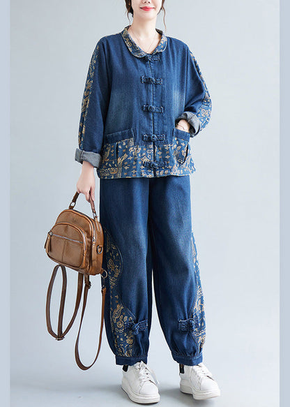 Loose Denim Blue Peter Pan Collar Print Coats And Lantern Pants Two Pieces Set Spring LY0659 - fabuloryshop