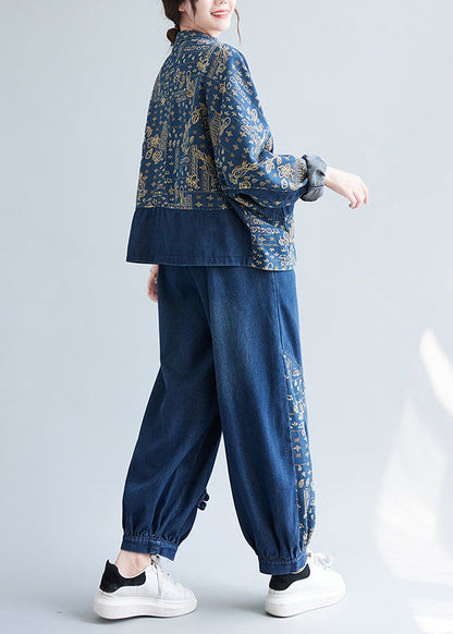 Loose Denim Blue Peter Pan Collar Print Coats And Lantern Pants Two Pieces Set Spring LY0659 - fabuloryshop