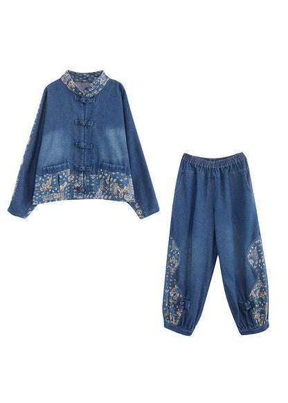 Loose Denim Blue Peter Pan Collar Print Coats And Lantern Pants Two Pieces Set Spring LY0659 - fabuloryshop