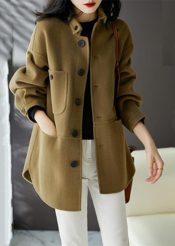 Loose Earthy Yellow  Button Pockets Patchwork Woolen Coats Fall Ada Fashion