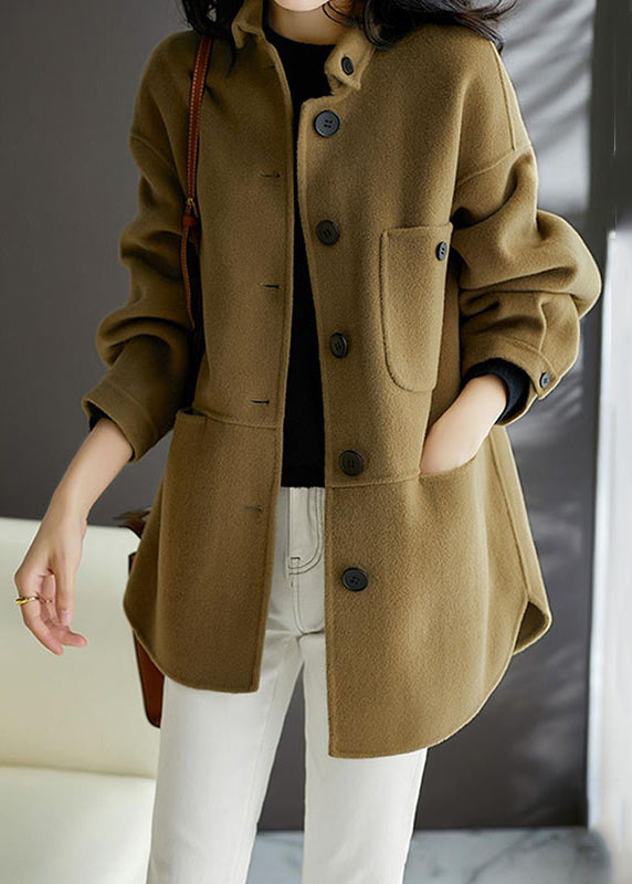 Loose Earthy Yellow  Button Pockets Patchwork Woolen Coats Fall Ada Fashion