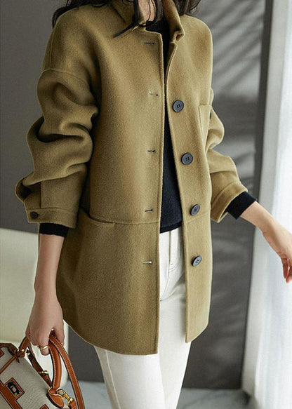 Loose Earthy Yellow  Button Pockets Patchwork Woolen Coats Fall Ada Fashion