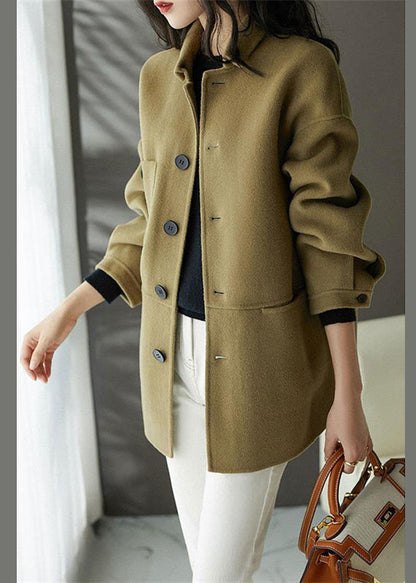 Loose Earthy Yellow  Button Pockets Patchwork Woolen Coats Fall Ada Fashion