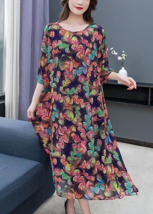 Loose Floral O-Neck Side Open Patchwork Chiffon Long Dresses Summer Ada Fashion