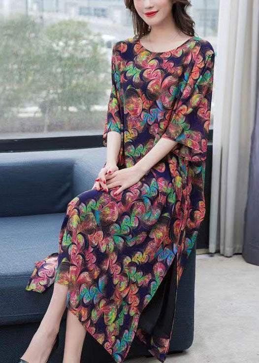 Loose Floral O-Neck Side Open Patchwork Chiffon Long Dresses Summer Ada Fashion