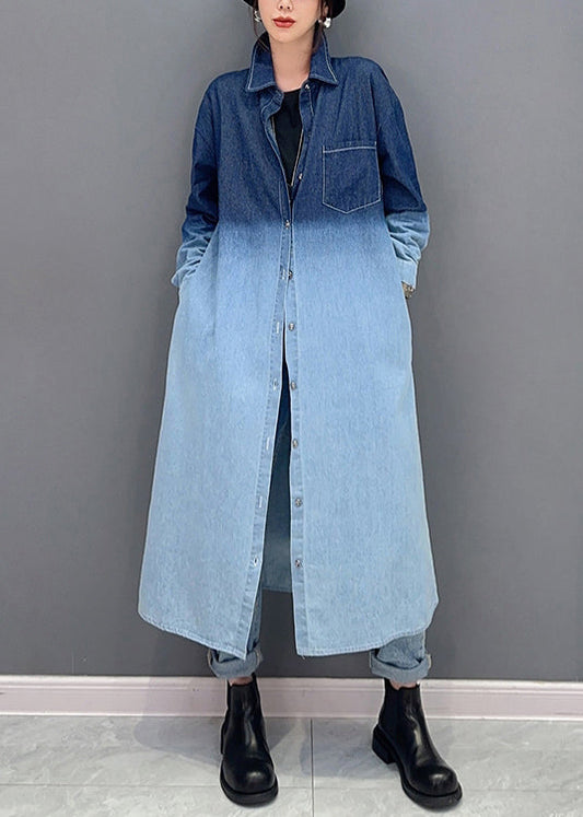 Loose Gradient Color Button Pockets Denim Long Coat Fall Ada Fashion
