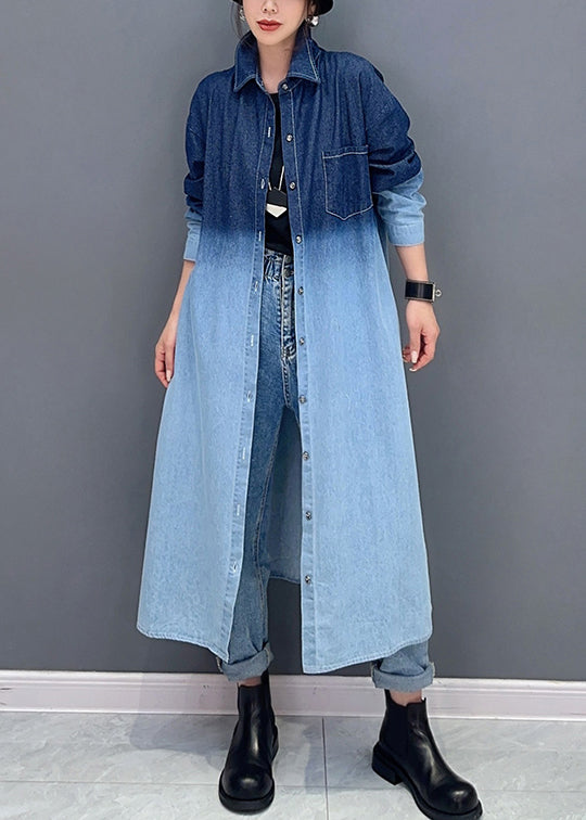 Loose Gradient Color Button Pockets Denim Long Coat Fall Ada Fashion