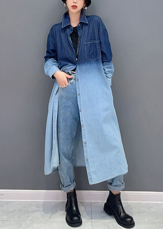 Loose Gradient Color Button Pockets Denim Long Coat Fall Ada Fashion