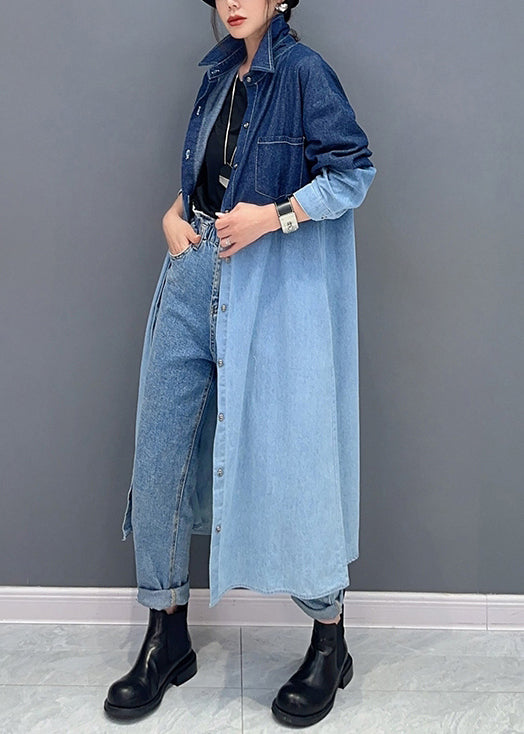 Loose Gradient Color Button Pockets Denim Long Coat Fall Ada Fashion