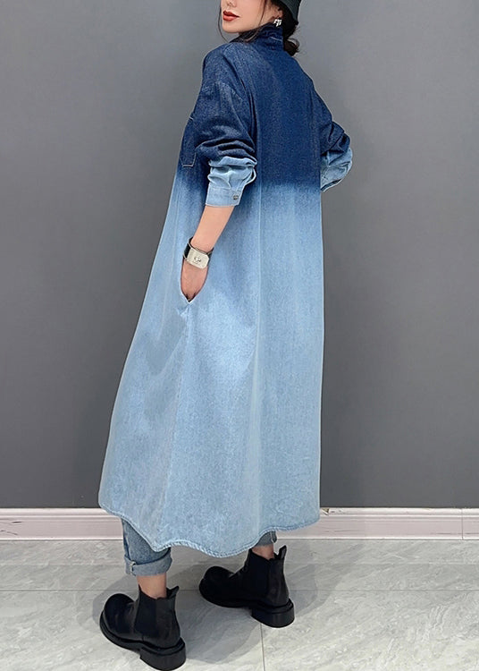 Loose Gradient Color Button Pockets Denim Long Coat Fall Ada Fashion