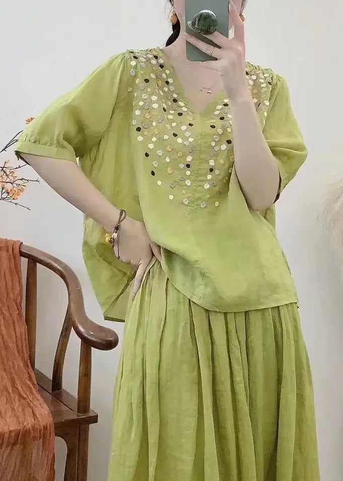 Loose Grass Green V Neck Embroideried Cotton Tops Half Sleeve Ada Fashion