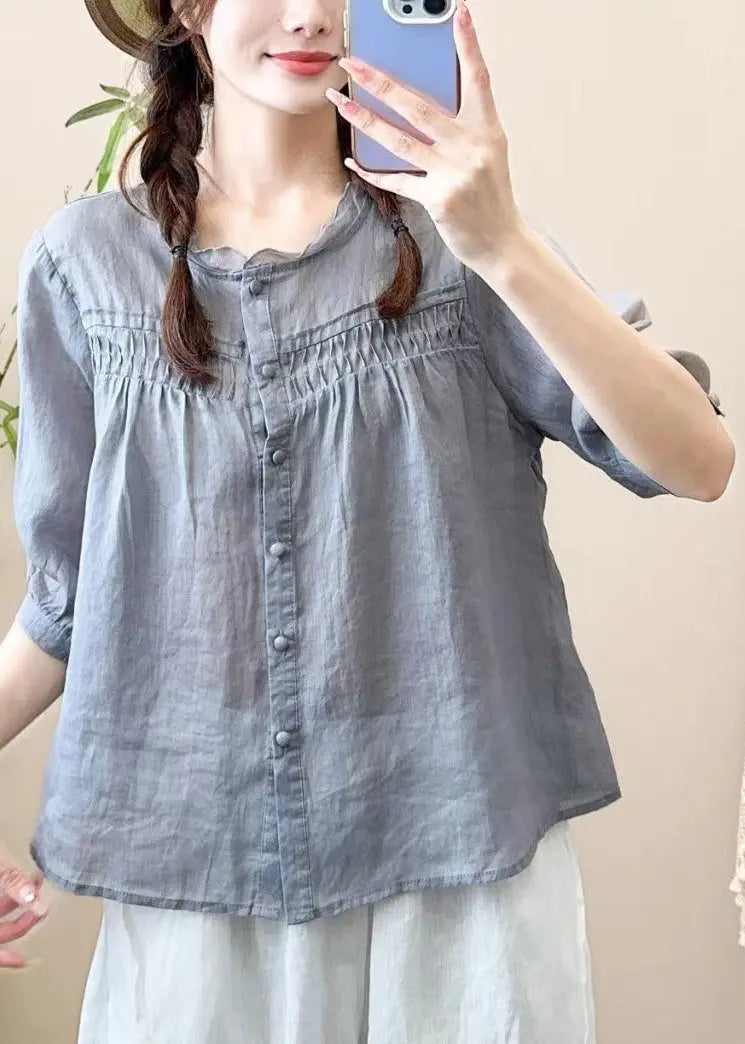 Loose Grayish Blue Ruffled Button Patchwork Cotton Shirt Half Sleeve Ada Fashion