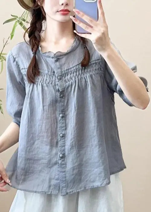 Loose Grayish Blue Ruffled Button Patchwork Cotton Shirt Half Sleeve Ada Fashion