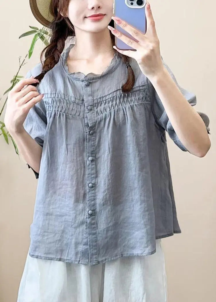 Loose Grayish Blue Ruffled Button Patchwork Cotton Shirt Half Sleeve Ada Fashion