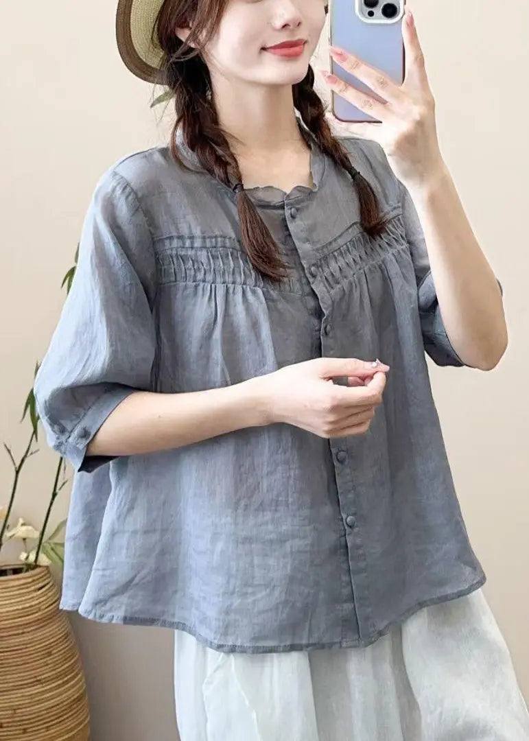 Loose Grayish Blue Ruffled Button Patchwork Cotton Shirt Half Sleeve Ada Fashion