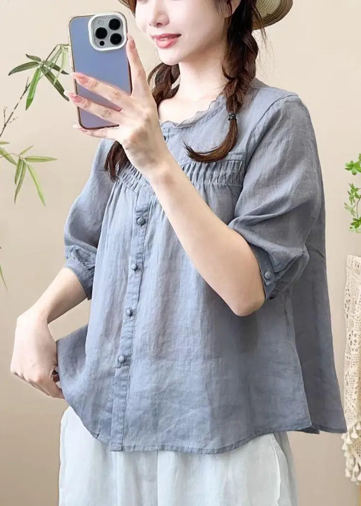 Loose Grayish Blue Ruffled Button Patchwork Cotton Shirt Half Sleeve Ada Fashion