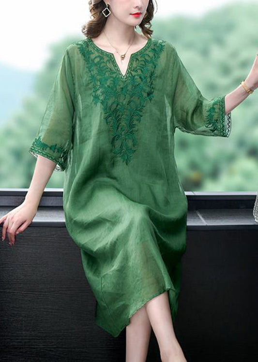 Loose Green Embroideried Linen Silk Dresses Half Sleeve LY3716 - fabuloryshop