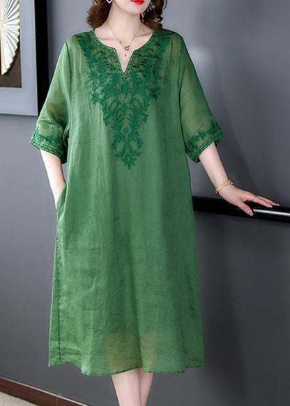 Loose Green Embroideried Linen Silk Dresses Half Sleeve LY3716 - fabuloryshop