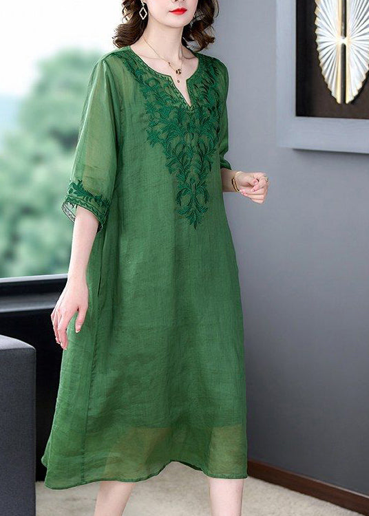 Loose Green Embroideried Linen Silk Dresses Half Sleeve LY3716 - fabuloryshop