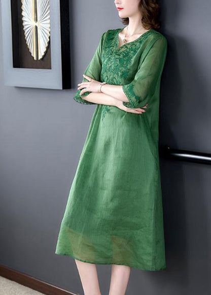 Loose Green Embroideried Linen Silk Dresses Half Sleeve LY3716 - fabuloryshop