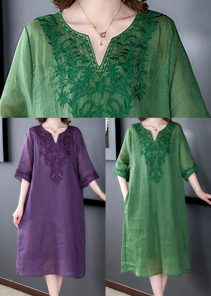 Loose Green Embroideried Linen Silk Dresses Half Sleeve LY3716 - fabuloryshop