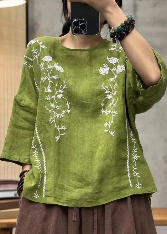 Loose Green Embroideried Low High Design Linen Top Bracelet Sleeve Ada Fashion