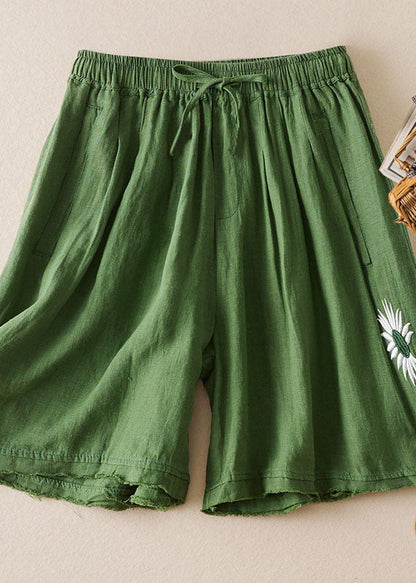 Loose Green Embroideried Pockets Patchwork Linen Shorts Summer Ada Fashion