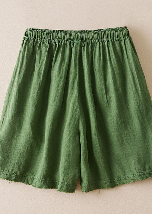 Loose Green Embroideried Pockets Patchwork Linen Shorts Summer Ada Fashion