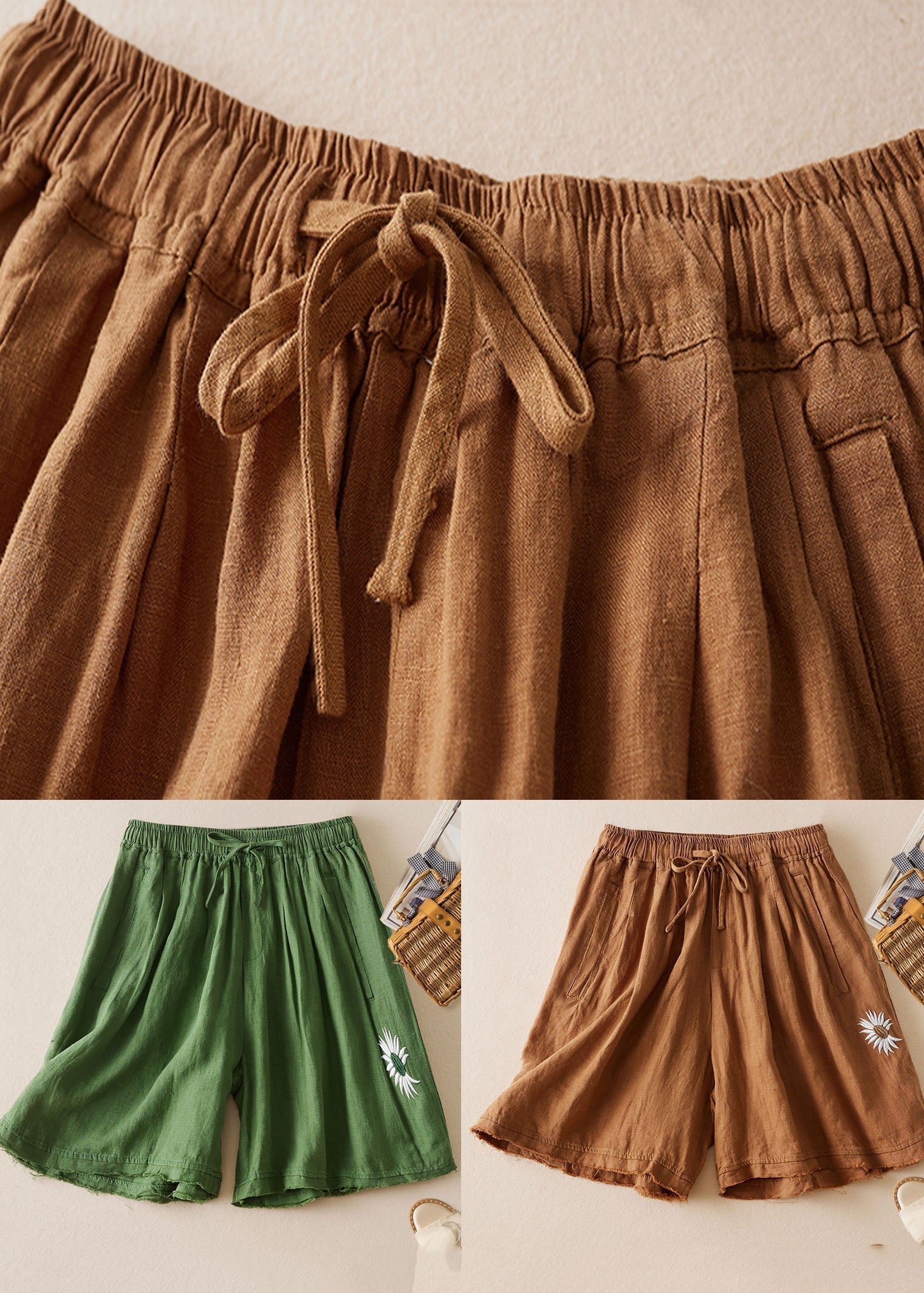 Loose Green Embroideried Pockets Patchwork Linen Shorts Summer Ada Fashion