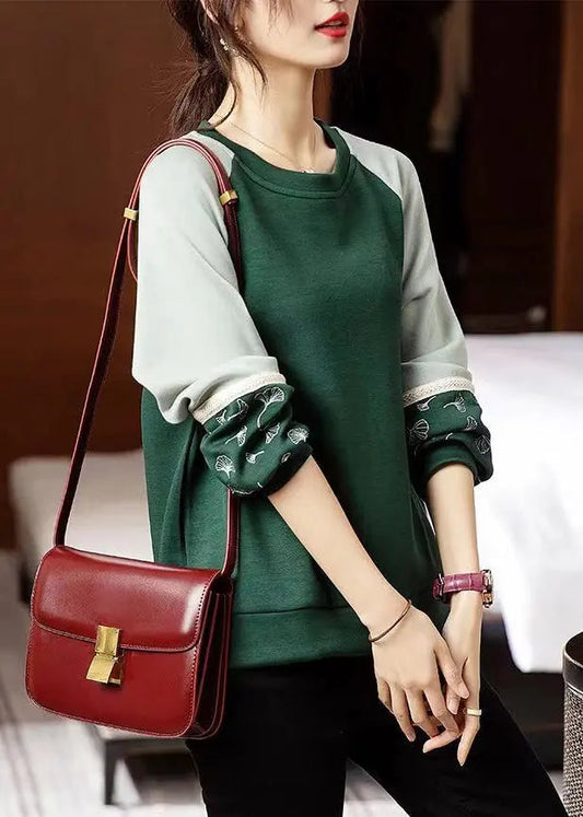 Loose Green O Neck Embroideried Patchwork Cotton Sweatshirts Fall Ada Fashion