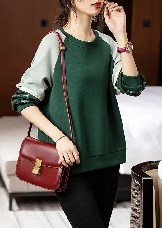 Loose Green O Neck Embroideried Patchwork Cotton Sweatshirts Fall Ada Fashion