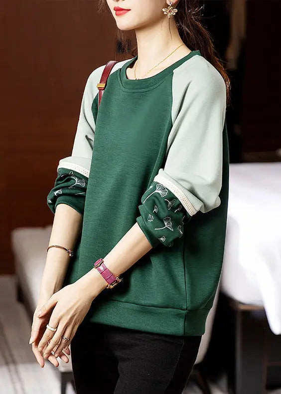 Loose Green O Neck Embroideried Patchwork Cotton Sweatshirts Fall Ada Fashion