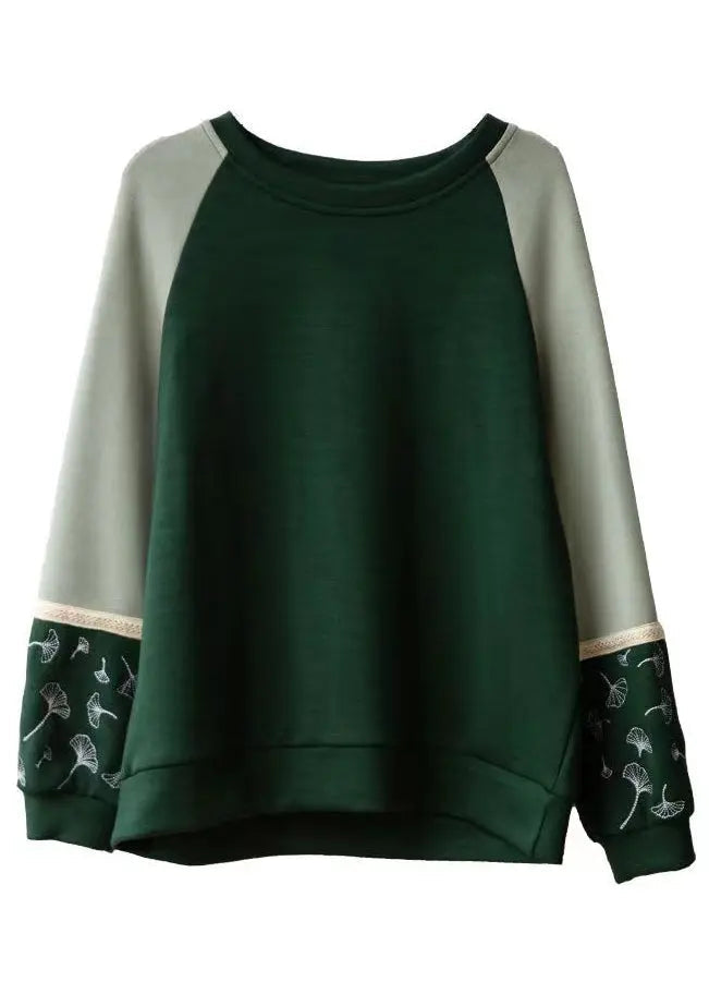 Loose Green O Neck Embroideried Patchwork Cotton Sweatshirts Fall Ada Fashion