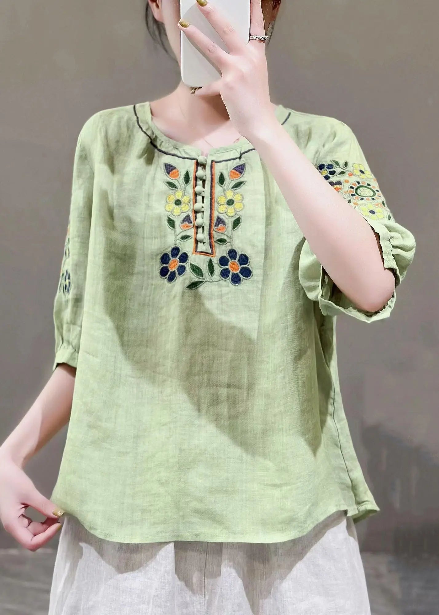 Loose Green O Neck Embroideried Patchwork Cotton T Shirt Half Sleeve Ada Fashion