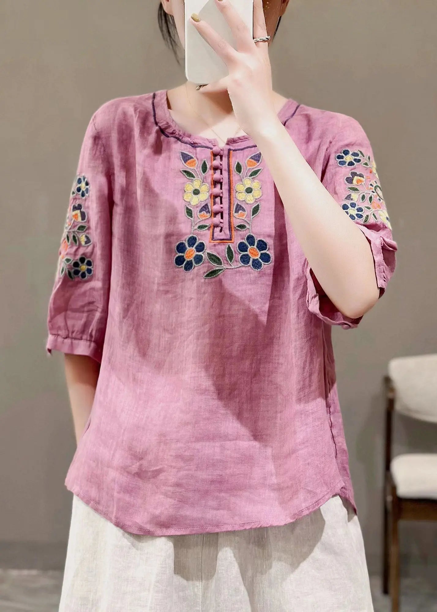 Loose Green O Neck Embroideried Patchwork Cotton T Shirt Half Sleeve Ada Fashion