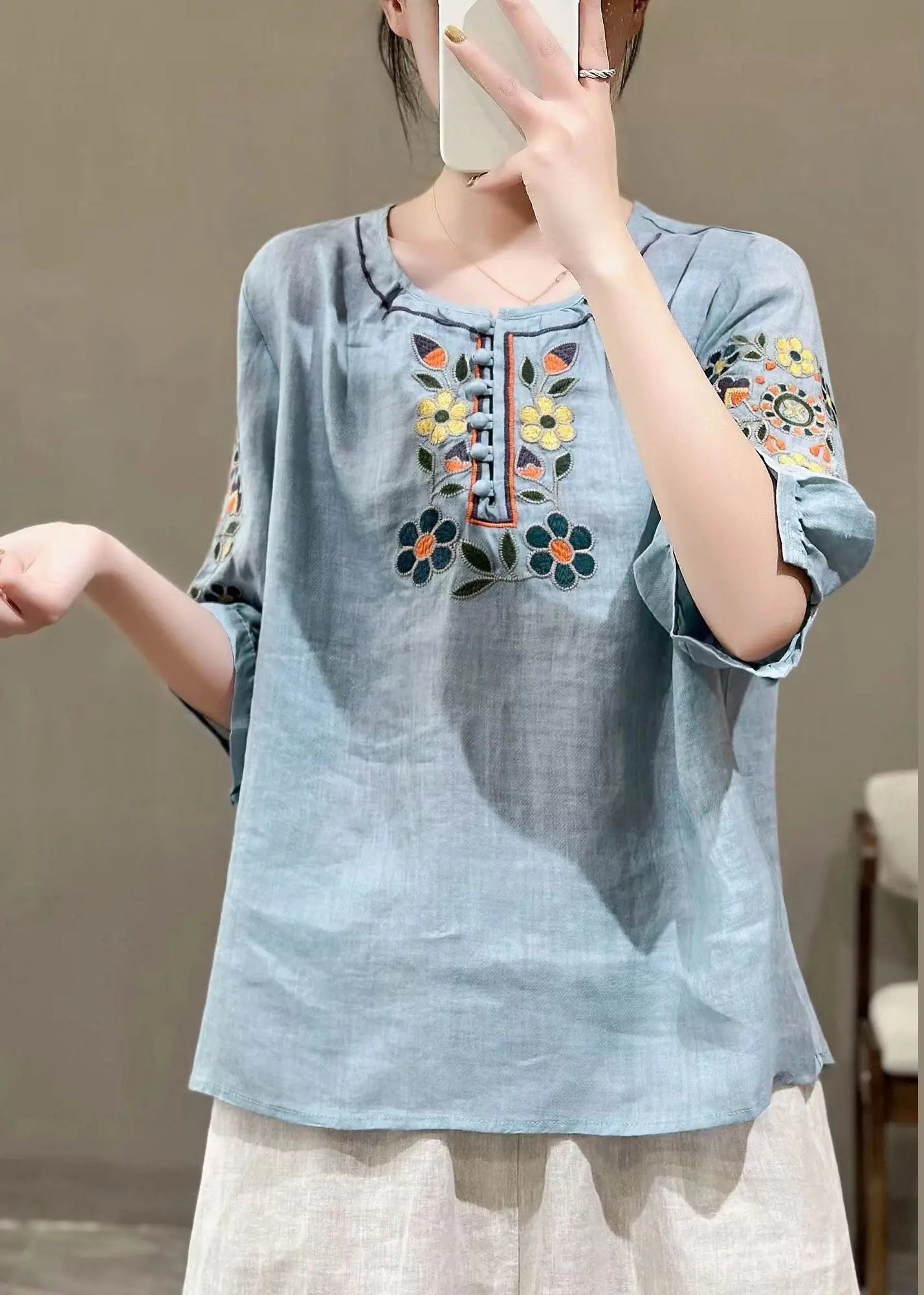 Loose Green O Neck Embroideried Patchwork Cotton T Shirt Half Sleeve Ada Fashion