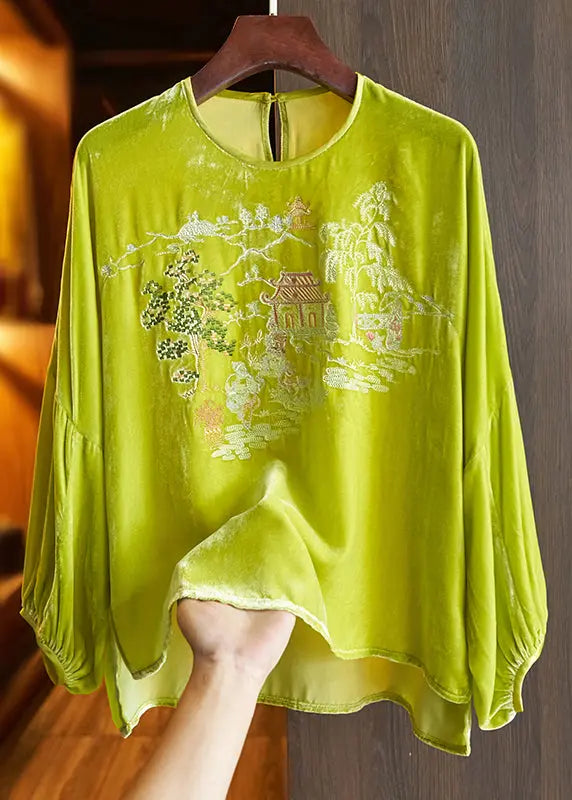 Loose Green O Neck Embroideried Silk Velour Top Long Sleeve Ada Fashion