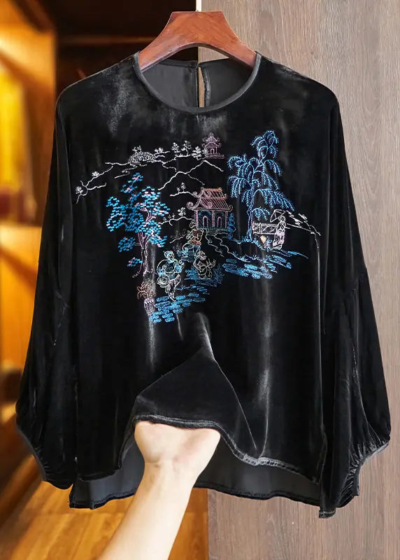 Loose Green O Neck Embroideried Silk Velour Top Long Sleeve Ada Fashion