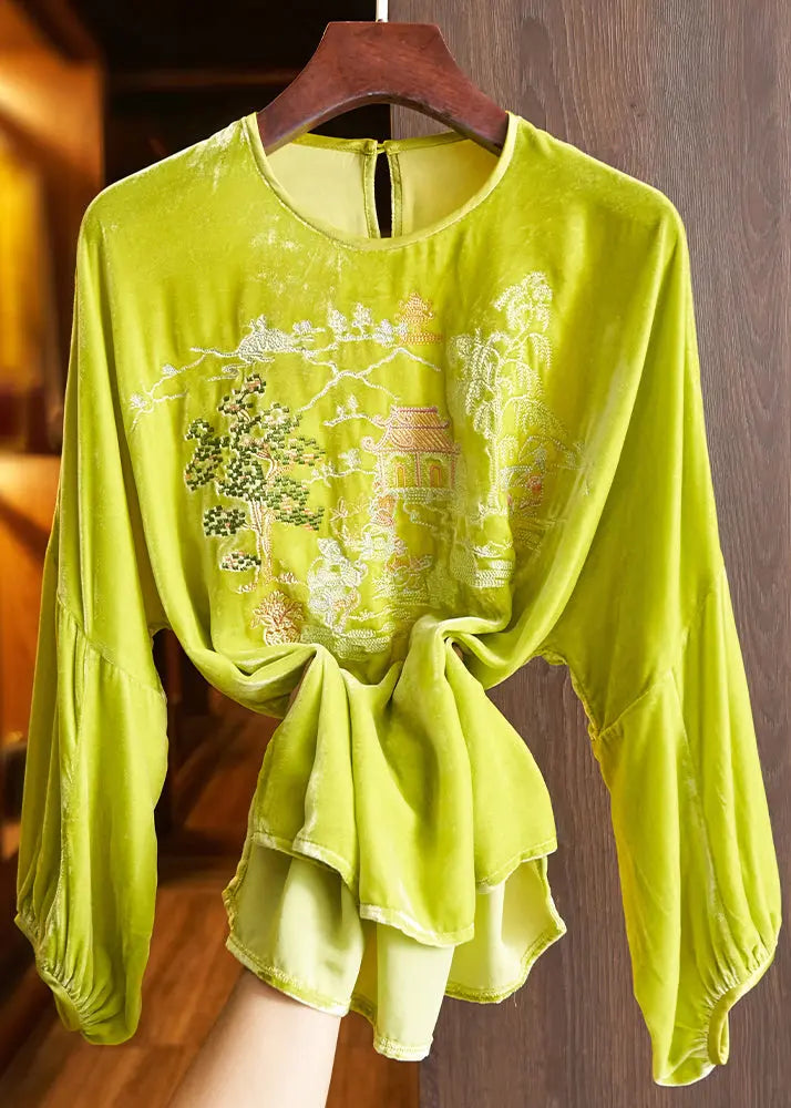 Loose Green O Neck Embroideried Silk Velour Top Long Sleeve Ada Fashion