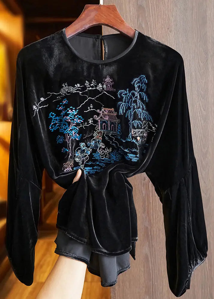 Loose Green O Neck Embroideried Silk Velour Top Long Sleeve Ada Fashion