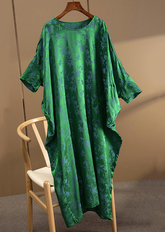 Loose Green O Neck Jacquard Patchwork Silk Dress Half Sleeve Ada Fashion