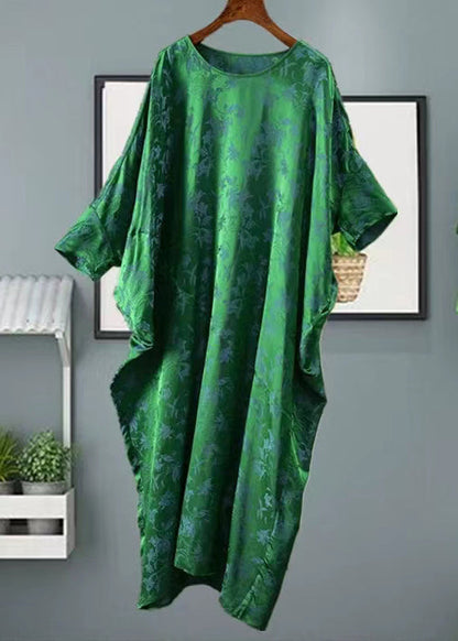 Loose Green O Neck Jacquard Patchwork Silk Dress Half Sleeve Ada Fashion