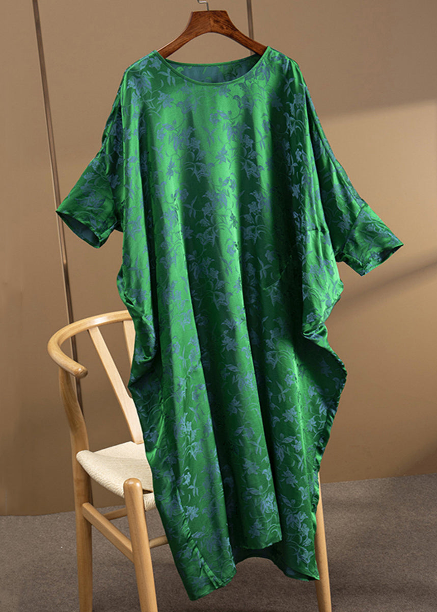 Loose Green O Neck Jacquard Patchwork Silk Dress Half Sleeve Ada Fashion