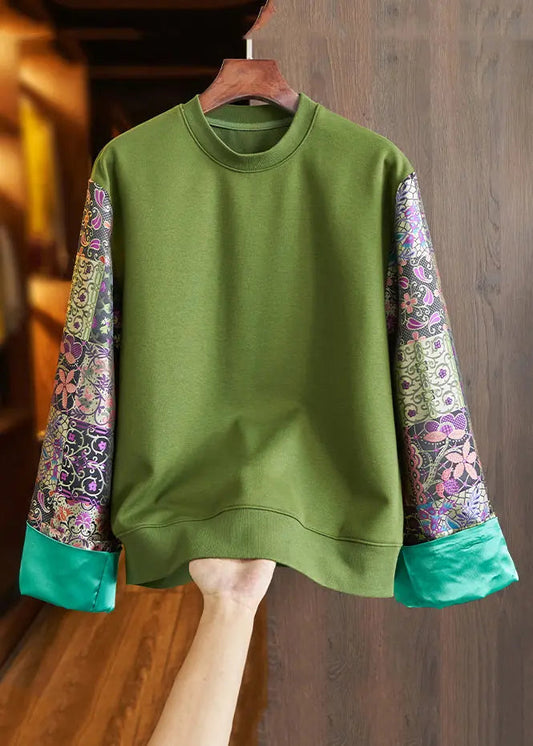 Loose Green O Neck Print Patchwork Cotton Top Fall Ada Fashion