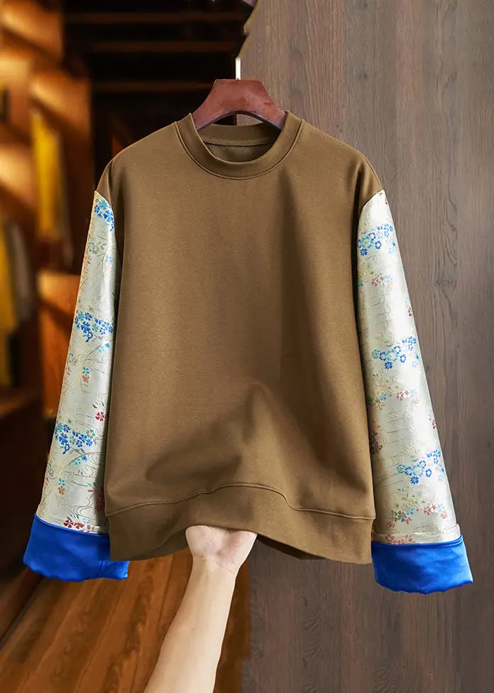 Loose Green O Neck Print Patchwork Cotton Top Fall Ada Fashion