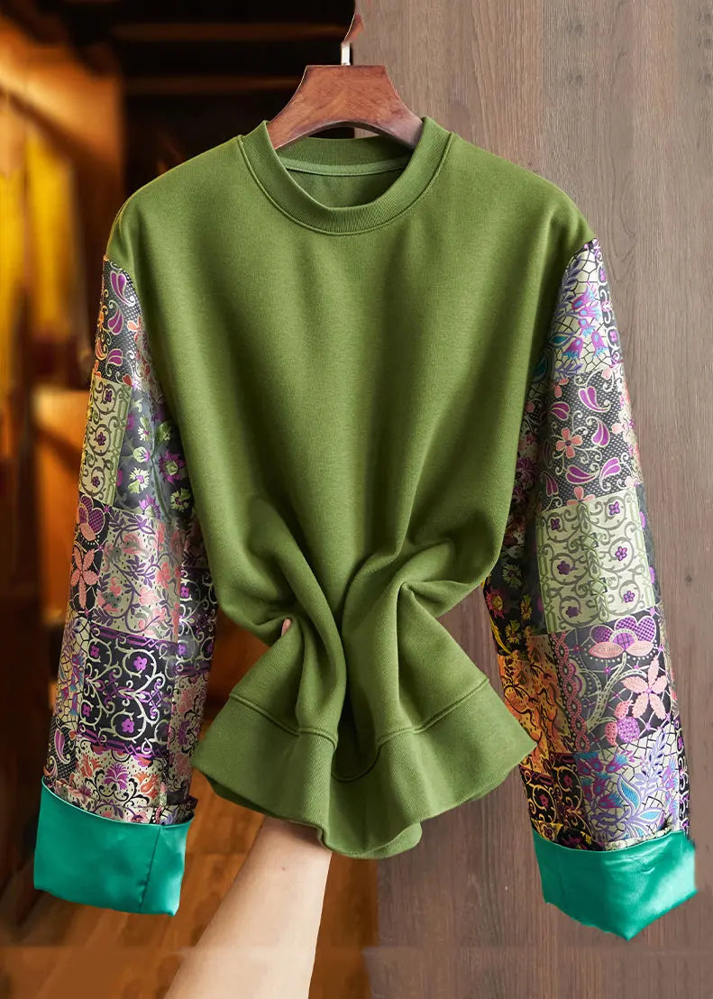 Loose Green O Neck Print Patchwork Cotton Top Fall Ada Fashion