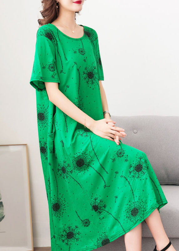Loose Green O Neck Print Pockets Patchwork Cotton Dress Summer Ada Fashion