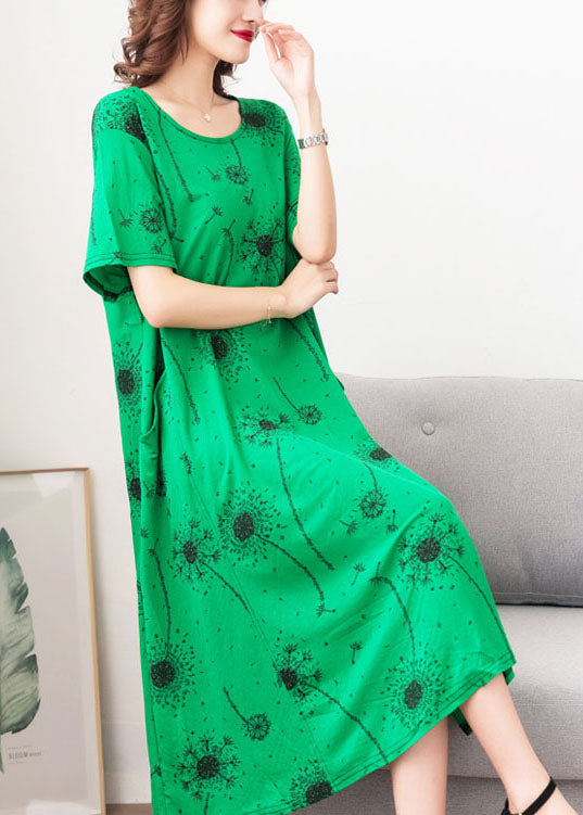 Loose Green O Neck Print Pockets Patchwork Cotton Dress Summer Ada Fashion